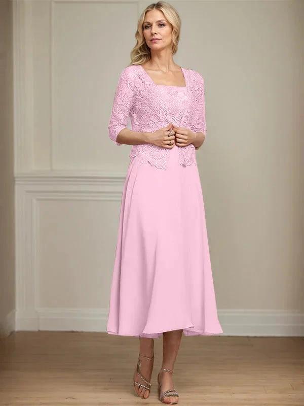A-line Square Tea-Length Chiffon Lace Mother of the Bride Dress With Sequins Beading by Dreamylily