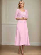 A-line Square Tea-Length Chiffon Lace Mother of the Bride Dress With Sequins Beading by Dreamylily
