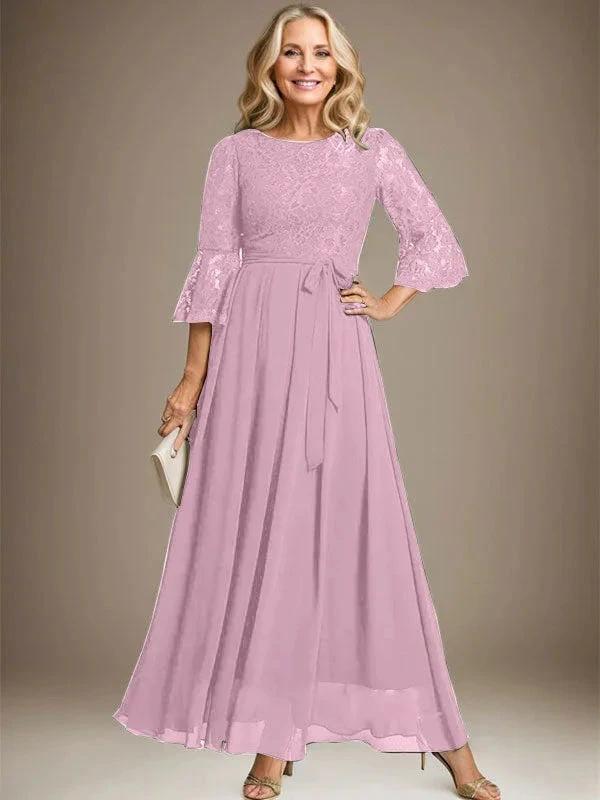 A-line Scoop Ankle-Length Lace Chiffon Mother of the Bride Dress With Bow by Dreamylily