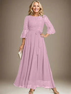 A-line Scoop Ankle-Length Lace Chiffon Mother of the Bride Dress With Bow by Dreamylily