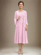 A-line Scoop Tea-Length Lace Chiffon Mother of the Bride Dress With Sequins by Dreamylily