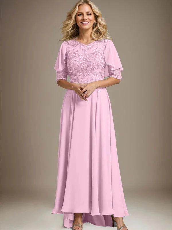 A-line Scoop Illusion Asymmetrical Chiffon Lace Mother of the Bride Dress With Beading by Dreamylily