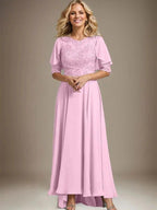 A-line Scoop Illusion Asymmetrical Chiffon Lace Mother of the Bride Dress With Beading by Dreamylily
