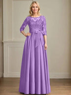 A-line Scoop Illusion Floor-Length Satin Lace Mother of the Bride Dress With Sequins Bow by Dreamylily