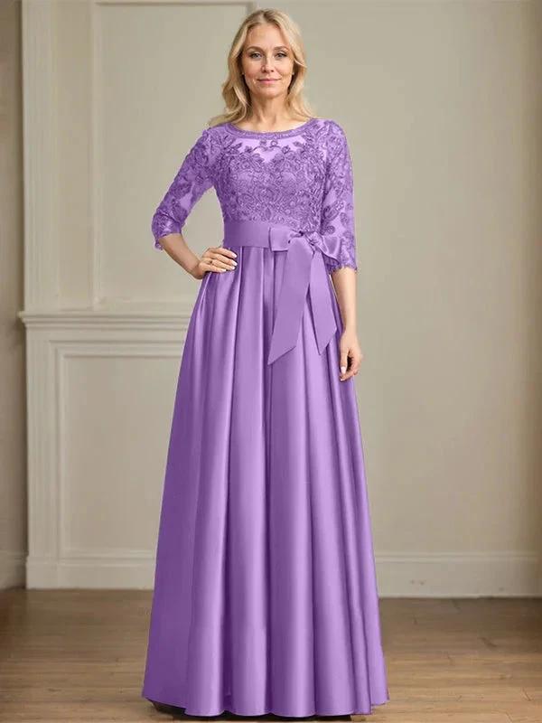 A-line Scoop Illusion Floor-Length Satin Lace Mother of the Bride Dress With Sequins Bow by Dreamylily