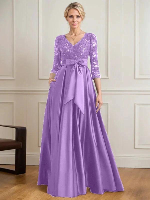 A-line V-Neck Floor-Length Satin Lace Mother of the Bride Dress With Sequins Bow by Dreamylily