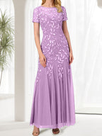 Blue Mermaid Round Neck Long Mother of the Bride Dress With Beadings