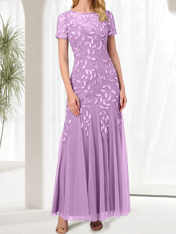 Blue Mermaid Round Neck Long Mother of the Bride Dress With Beadings