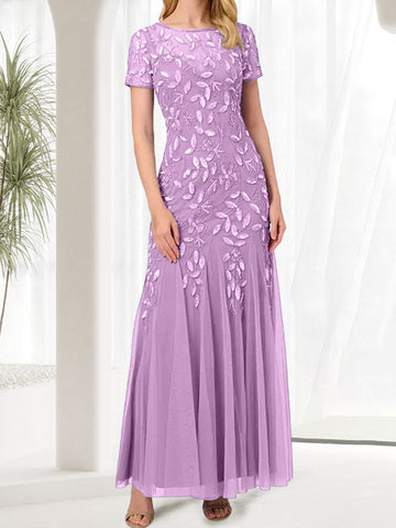 Vestido largo de sirena azul con cuello redondo para madre de la novia con cuentas