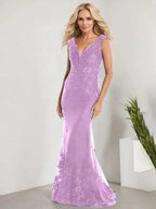 A-line V-Neck Floor-Length Lace Chiffon Mother of the Bride Dress With Applique Sequins Mermaid Dresses by Dreamylily