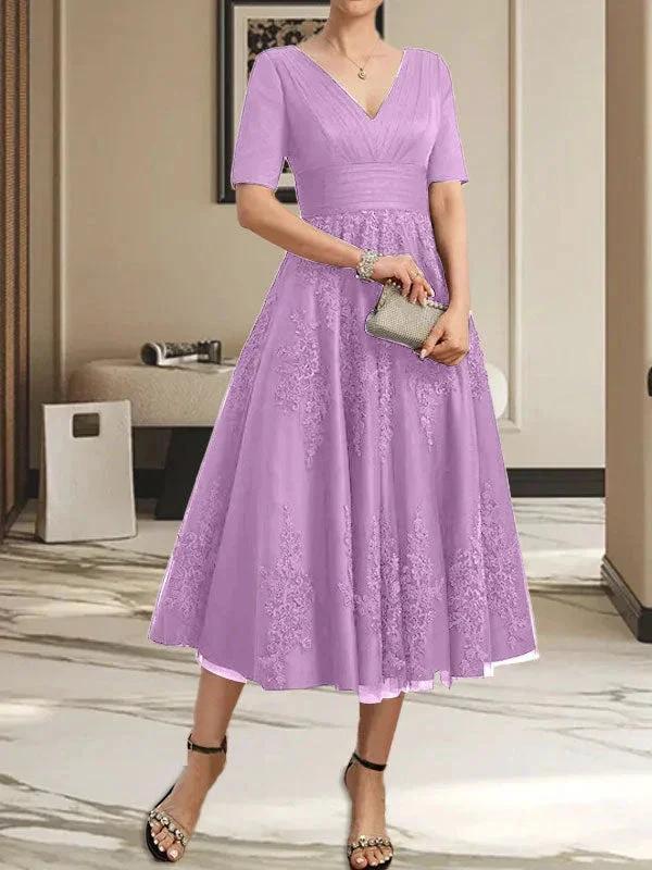 A-line V-Neck Tea-Length Tulle Lace Mother of the Bride Dress With Pleated by Dreamylily
