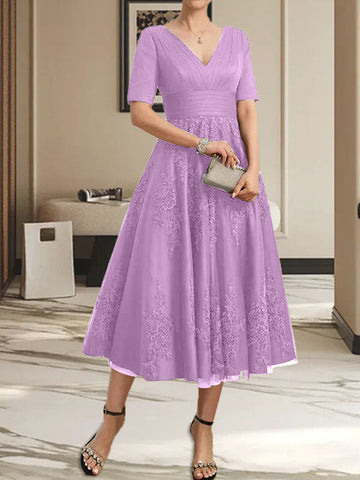 A-line V-Neck Tea-Length Tulle Lace Mother of the Bride Dress With Pleated