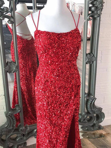 Alayna | Vestido de fiesta largo de lentejuelas con tirantes finos y corte sirena