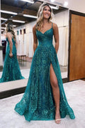 Long A line Spaghetti Straps Tulle Lace Sleeveless Prom Dress With Slit by BIZTUNNEL
