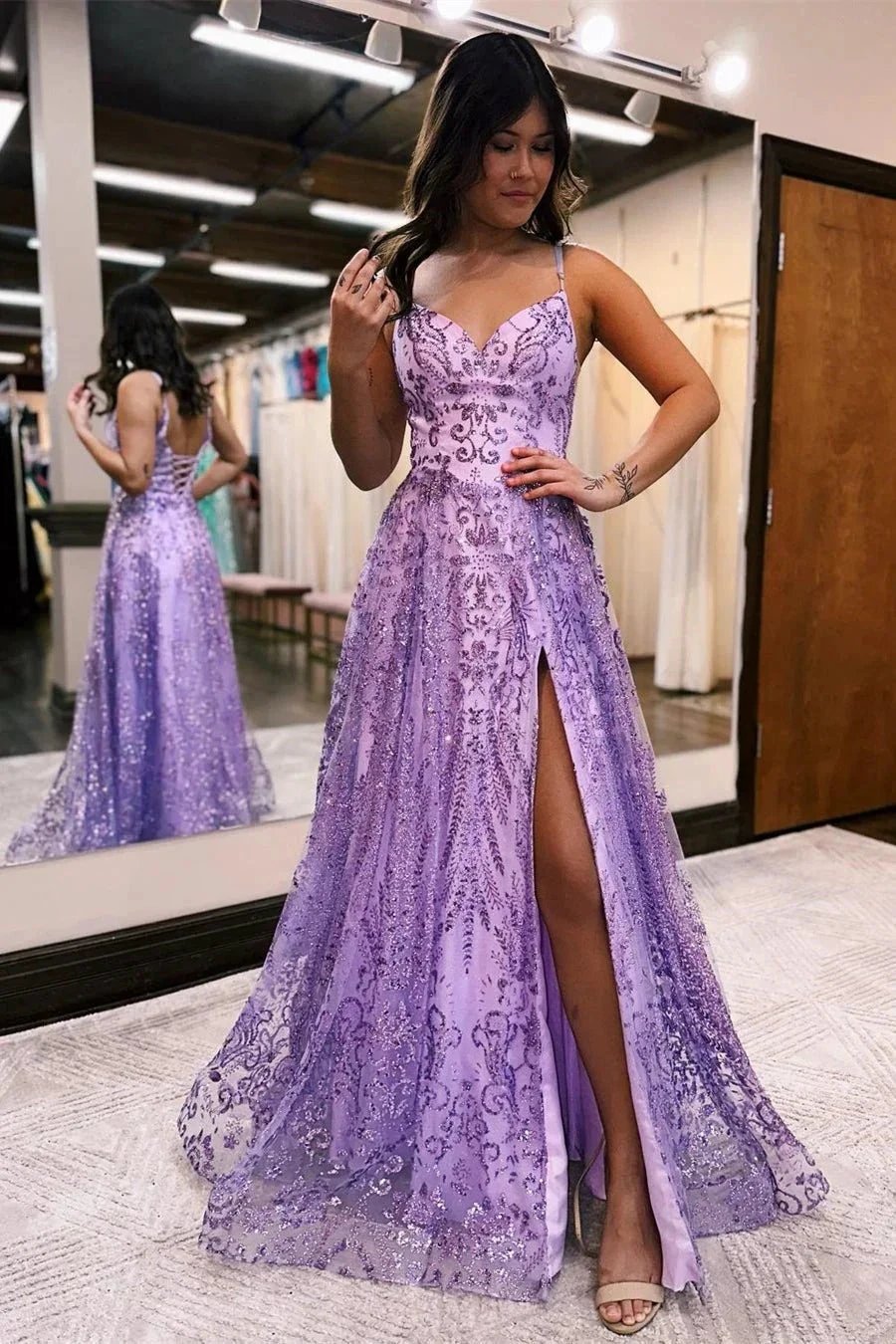 Long A line Spaghetti Straps Tulle Lace Sleeveless Prom Dress With Slit by BIZTUNNEL