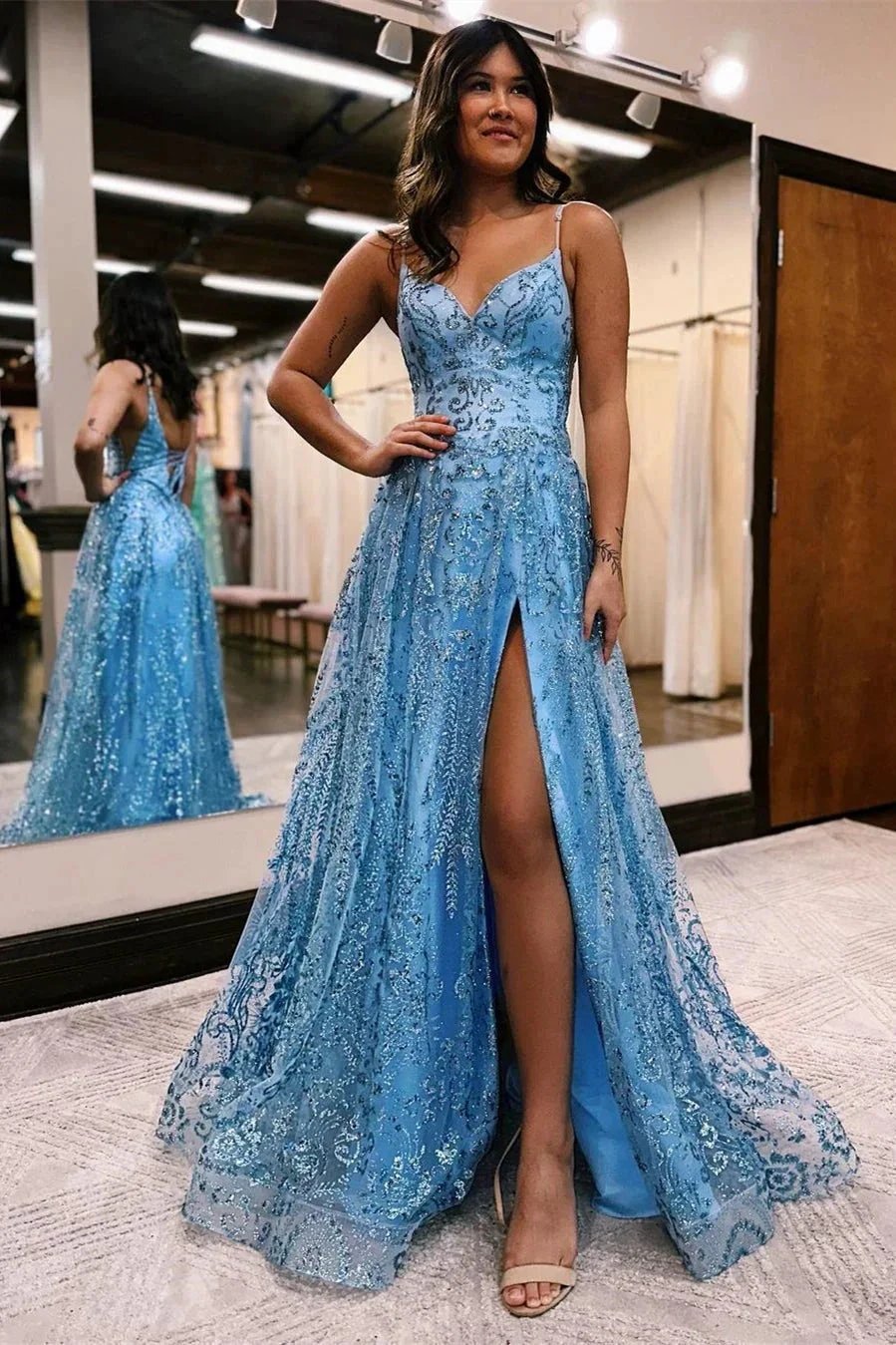 Long A line Spaghetti Straps Tulle Lace Sleeveless Prom Dress With Slit by BIZTUNNEL