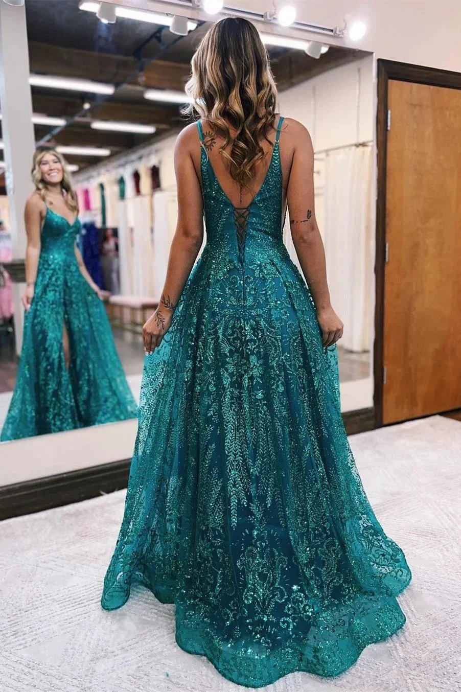 Long A line Spaghetti Straps Tulle Lace Sleeveless Prom Dress With Slit by BIZTUNNEL