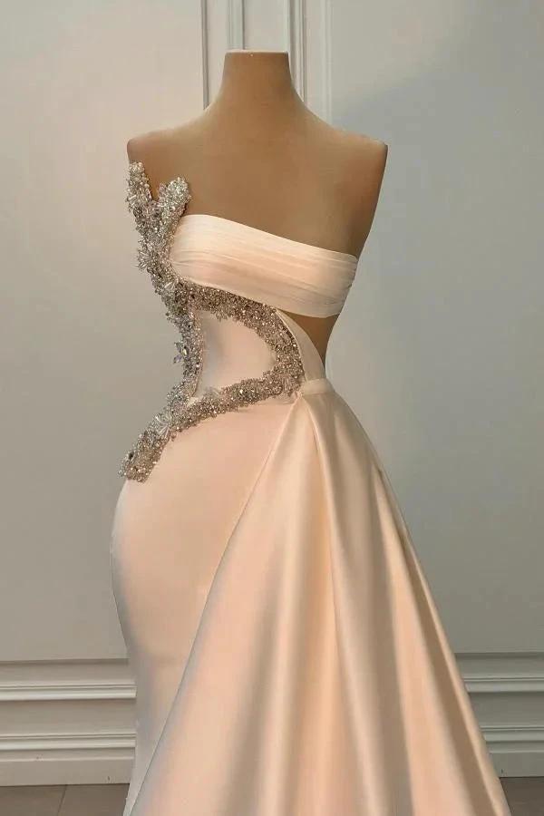Long Ivory Mermmaid Strapless Beading Satin Sleeveless Prom Dress by BIZTUNNEL