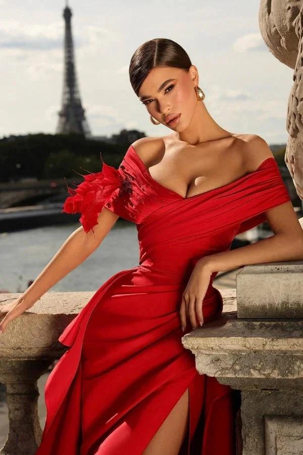 Long Mermaid Off The Shoulder Satin Evening Prom Dresses with Slit by BIZTUNNEL