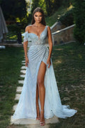 Long Mermaid One Shoulder Tulle Sequined Formal Prom Dress with Slit by BIZTUNNEL