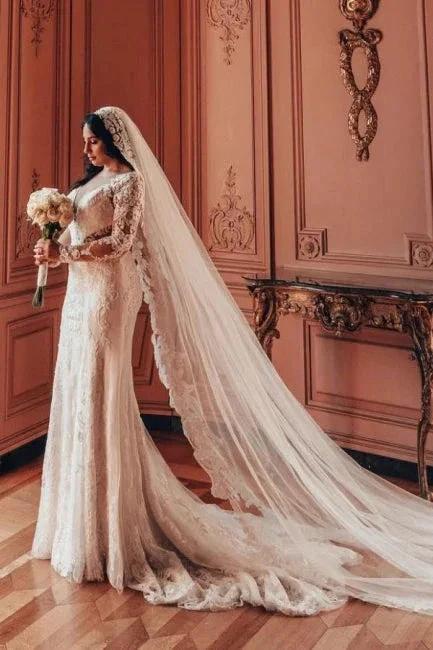 Long Sleeve V-Neck Lace A-Line Stain Wedding Dresses with Ruffles by misshow.com