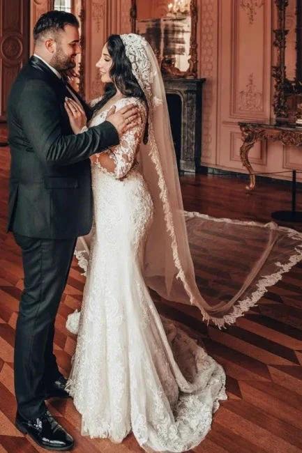 Long Sleeve V-Neck Lace A-Line Stain Wedding Dresses with Ruffles by misshow.com