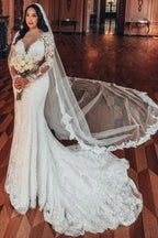 Long Sleeve V-Neck Lace A-Line Stain Wedding Dresses with Ruffles by misshow.com