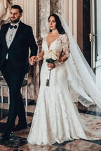 Long Sleeve V-Neck Lace A-Line Stain Wedding Dresses with Ruffles by misshow.com