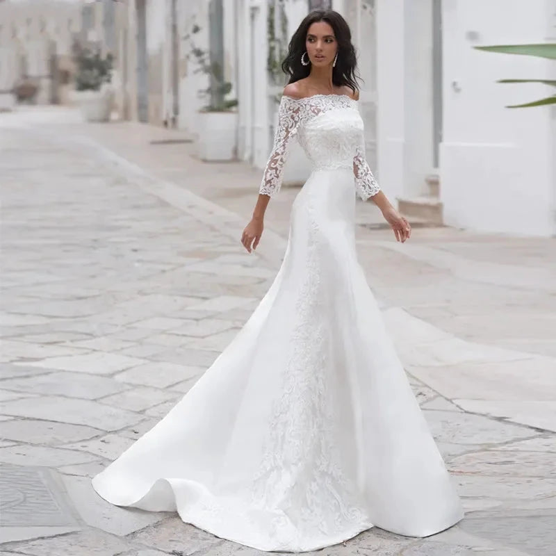 Long Sleeves Lace Wedding Dress For Women Brides Sexy Boat Neck Mermaid Appliques Bridal Gown Custom Made by payinti