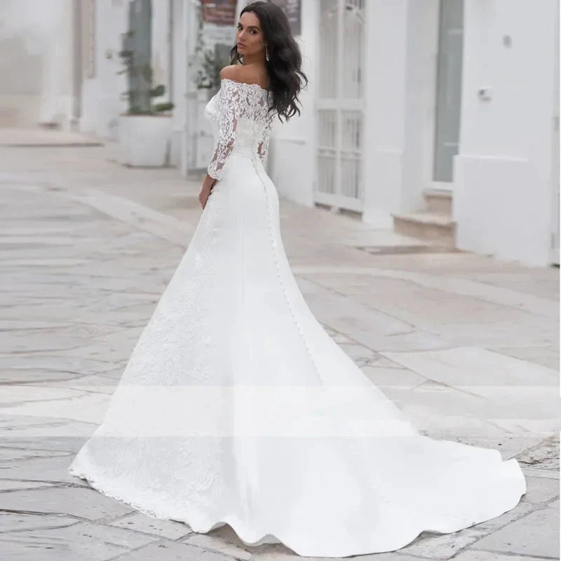 Long Sleeves Lace Wedding Dress For Women Brides Sexy Boat Neck Mermaid Appliques Bridal Gown Custom Made by payinti
