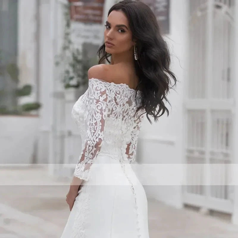 Long Sleeves Lace Wedding Dress For Women Brides Sexy Boat Neck Mermaid Appliques Bridal Gown Custom Made by payinti