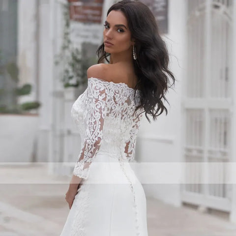 Long Sleeves Lace Wedding Dress For Women Brides Sexy Boat Neck Mermaid Appliques Bridal Gown Custom Made