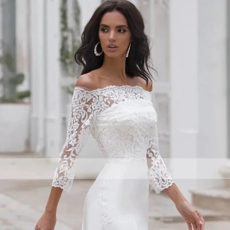 Long Sleeves Lace Wedding Dress For Women Brides Sexy Boat Neck Mermaid Appliques Bridal Gown Custom Made by payinti