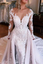 Long Sleeves Mermaid Wedding Dress with Overskirt by misshow.com