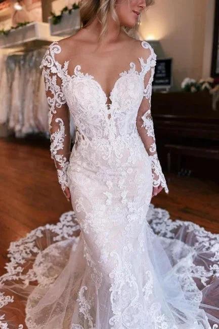 Long Sleeves Mermaid Wedding Dress with Overskirt by misshow.com