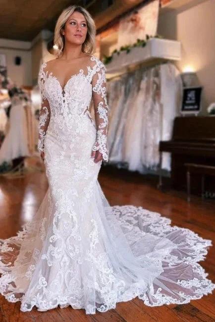 Long Sleeves Mermaid Wedding Dress with Overskirt by misshow.com