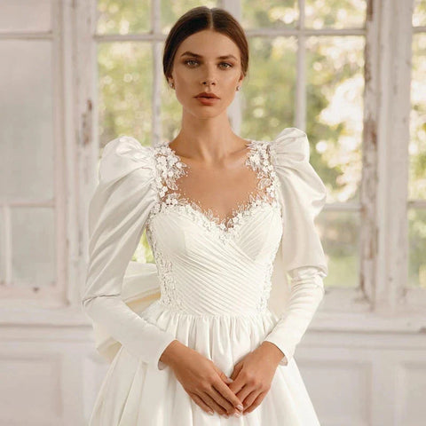 Long Sleeves Satin Wedding Dresses For Women With Bow Bridal Gowns Sweetheart Vestido De Noiva Robe Floor Length Custom 2023