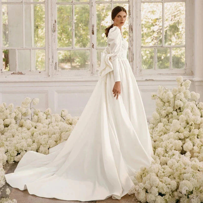Long Sleeves Satin Wedding Dresses For Women With Bow Bridal Gowns Sweetheart Vestido De Noiva Robe Floor Length Custom 2023 Main Image