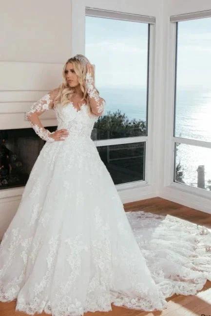 Long Sleeves Sweetheart A-Line Princess Wedding Dress with Lace by misshow.com
