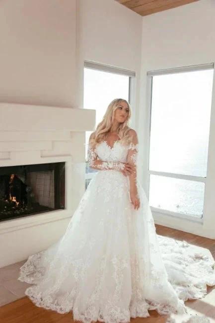 Long Sleeves Sweetheart A-Line Princess Wedding Dress with Lace by misshow.com