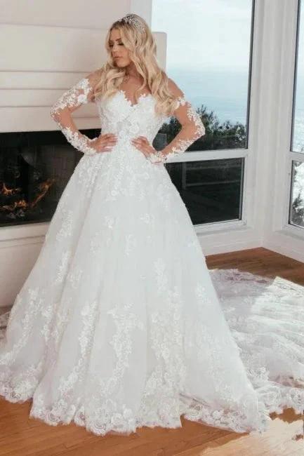 Long Sleeves Sweetheart A-Line Princess Wedding Dress with Lace by misshow.com