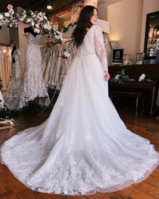 Long Sleeves V-Neck Plus Size Chiffon Wedding Dress by misshow.com