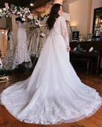 Long Sleeves V-Neck Plus Size Chiffon Wedding Dress by misshow.com
