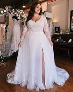 Long Sleeves V-Neck Plus Size Chiffon Wedding Dress by misshow.com
