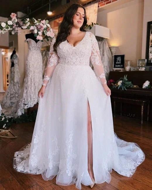 Long Sleeves V-Neck Plus Size Chiffon Wedding Dress by misshow.com
