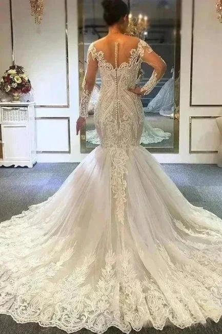 Long sleeves Ivory Sweetheart Fit and Flare Lace Wedding Dress by misshow.com