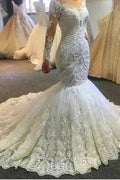 Long sleeves Ivory Sweetheart Fit and Flare Lace Wedding Dress by misshow.com