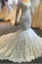 Long sleeves Ivory Sweetheart Fit and Flare Lace Wedding Dress by misshow.com