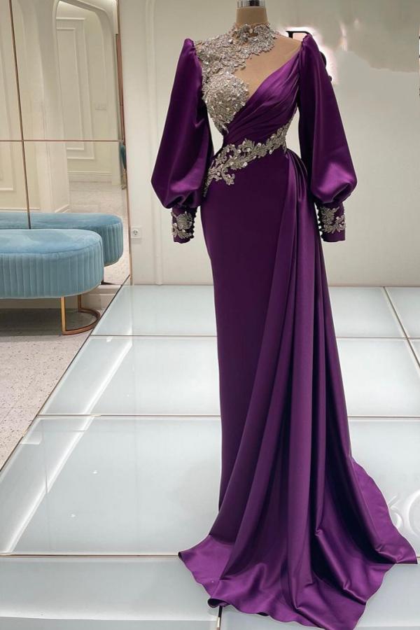 Glamorous Long Sleeves High Neck Satin Mermaid Prom Dresses