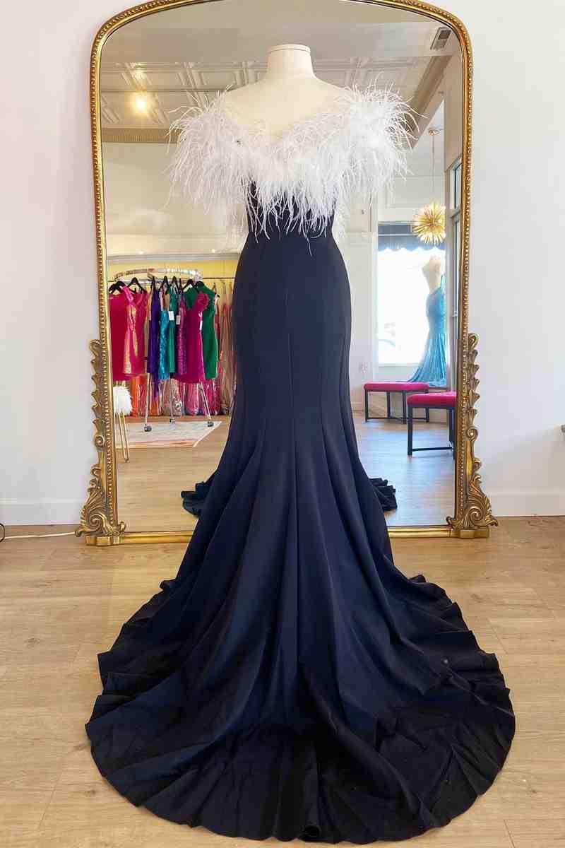 High Slit Prom Dress With White Feather SYP117